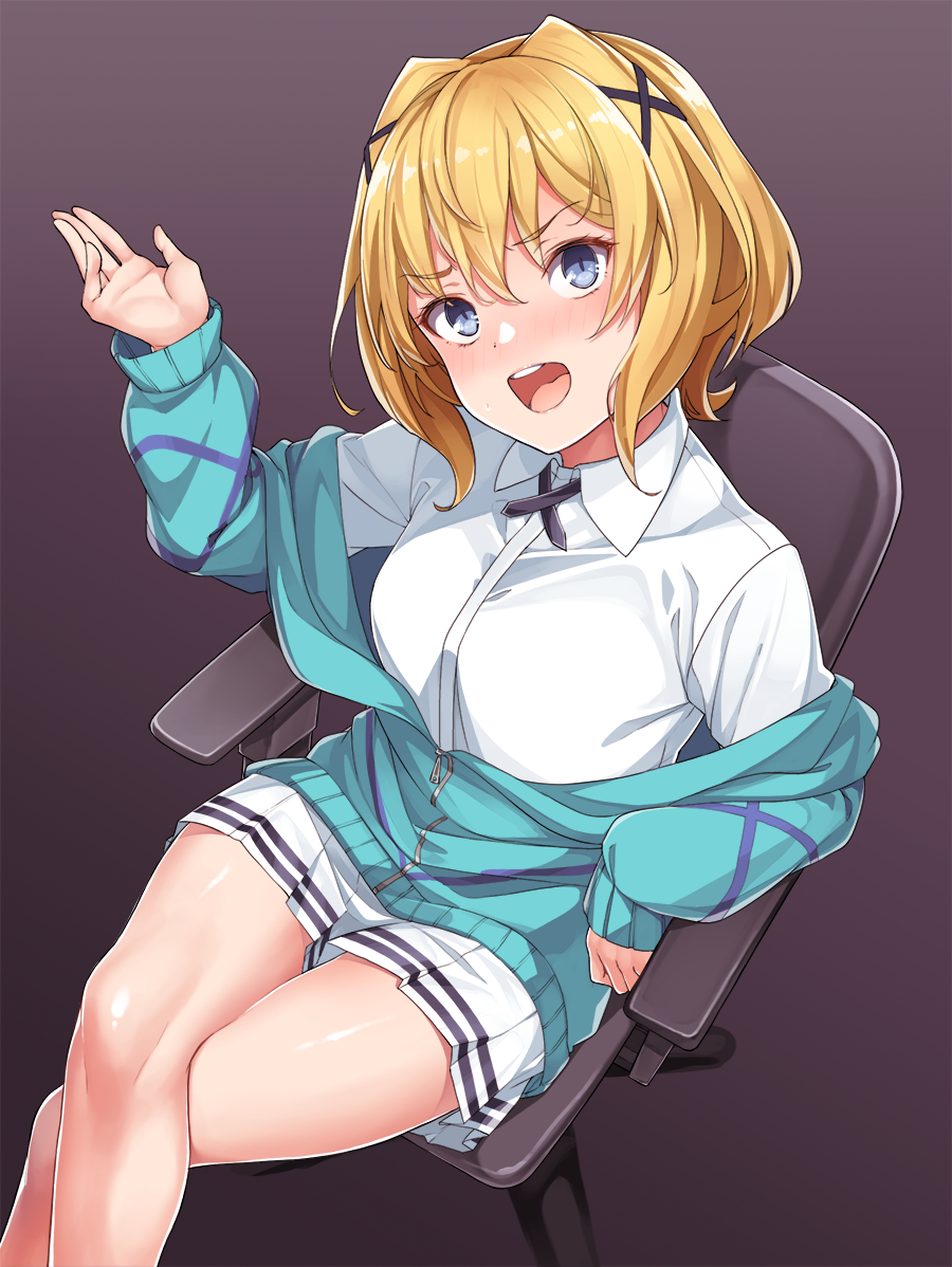 1girl :d blonde_hair blue_cardigan blue_eyes blush breasts cardigan chair collared_shirt crossed_legs frown gradient gradient_background hair_ornament hand_up konnyaku_(kk-monmon) lanterby_(shokugeki_no_souma) long_sleeves looking_at_viewer miniskirt nose_blush off_shoulder office_chair open_mouth pleated_skirt shirt shokugeki_no_souma short_hair sitting skirt smile solo thighs white_shirt white_skirt x_hair_ornament