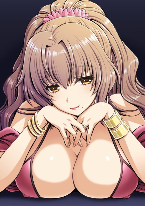 1girl asatsuyu_sayoko bracelet breasts covered_nipples eyebrows_visible_through_hair interlocked_fingers jewelry kuroda_akimi large_breasts light_brown_hair lips long_hair looking_at_viewer mature_female mole mole_under_mouth ponytail ring solo tsumamigui_3 wedding_ring yellow_eyes