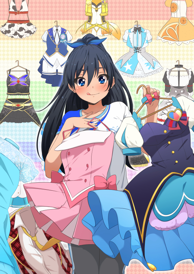 1girl :q bangs black_hair blue_bow blue_eyes blush bow collarbone dress floating_hair ganaha_hibiki grey_pants hair_between_eyes hair_bow high_ponytail holding holding_clothes holding_dress idolmaster idolmaster_(classic) james_(artist) long_hair pants shiny shiny_hair shirt short_sleeves solo standing t-shirt tongue tongue_out very_long_hair