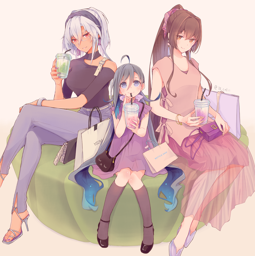 3girls ahoge alternate_costume bag bangle black_legwear blue_hair bracelet breasts brown_eyes brown_hair colis crossed_legs cup dark_skin disposable_cup dress drinking drinking_straw earrings glasses grey_hair hair_between_eyes hair_ornament hair_ribbon hair_scrunchie hairband handbag high_heels jewelry kantai_collection kiyoshimo_(kantai_collection) kneehighs long_hair low_twintails multicolored_hair multiple_girls musashi_(kantai_collection) nail_polish pants pink_dress ponytail purple_dress red_eyes ribbon scrunchie shopping_bag sitting smile toenail_polish twintails twitter_username two-tone_hair violet_eyes white_hair yamato_(kantai_collection)