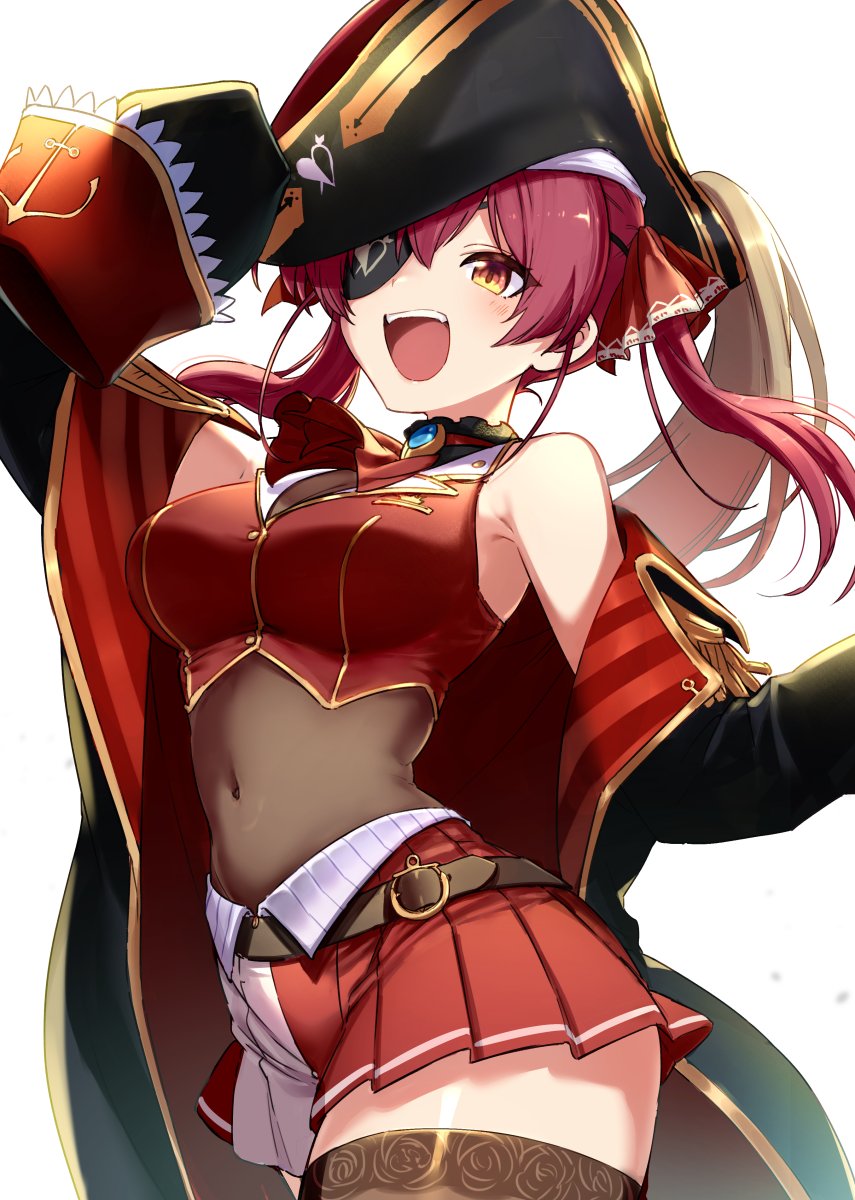 1girl :d arm_up armpit_crease ascot bare_shoulders belt black_coat black_headwear breasts brown_legwear coat covered_navel cowboy_shot crop_top epaulettes eyepatch feb_itk gold_trim hat highres hololive houshou_marine large_breasts long_hair long_sleeves looking_at_viewer miniskirt off_shoulder open_clothes open_coat open_mouth pirate pirate_hat pleated_skirt red_skirt red_vest redhead simple_background skirt smile solo thigh-highs twintails vest virtual_youtuber white_background wing_collar yellow_eyes zettai_ryouiki