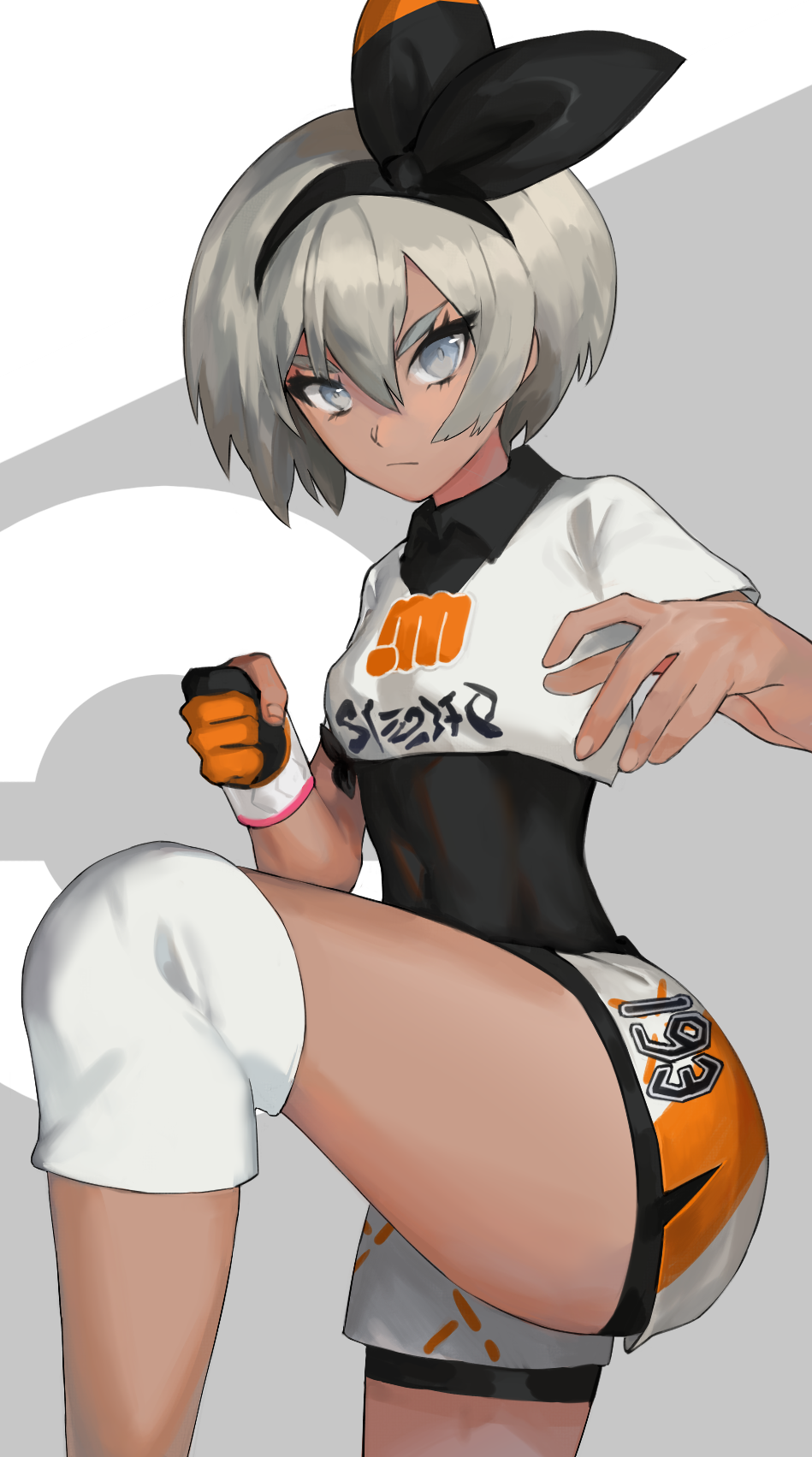 1girl bangs bea_(pokemon) black_bodysuit black_hairband bodysuit bodysuit_under_clothes bow_hairband closed_mouth collared_shirt commentary_request dynamax_band gloves grey_eyes grey_hair gym_leader hair_between_eyes hairband highres isshiki_(1sshiki) knee_pads looking_at_viewer number partly_fingerless_gloves pokemon pokemon_(game) pokemon_swsh print_shirt print_shorts shirt short_hair short_sleeves shorts single_glove solo tied_shirt