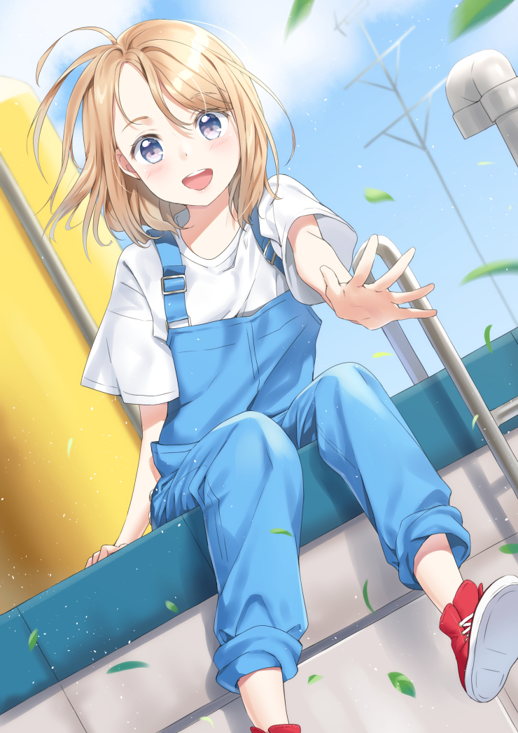 1girl antenna_mast bangs blonde_hair blue_eyes blue_overalls blue_sky blurry blurry_background clouds cross-laced_footwear day dutch_angle eyebrows_visible_through_hair foot_out_of_frame hair_blowing high_tops ladder leaf light_blush looking_at_viewer open_mouth original outdoors outstretched_hand overalls pants pants_rolled_up red_footwear shirt short_hair short_sleeves sitting sky solo swept_bangs tomboy unya_(unya-unya) upper_teeth white_shirt wind