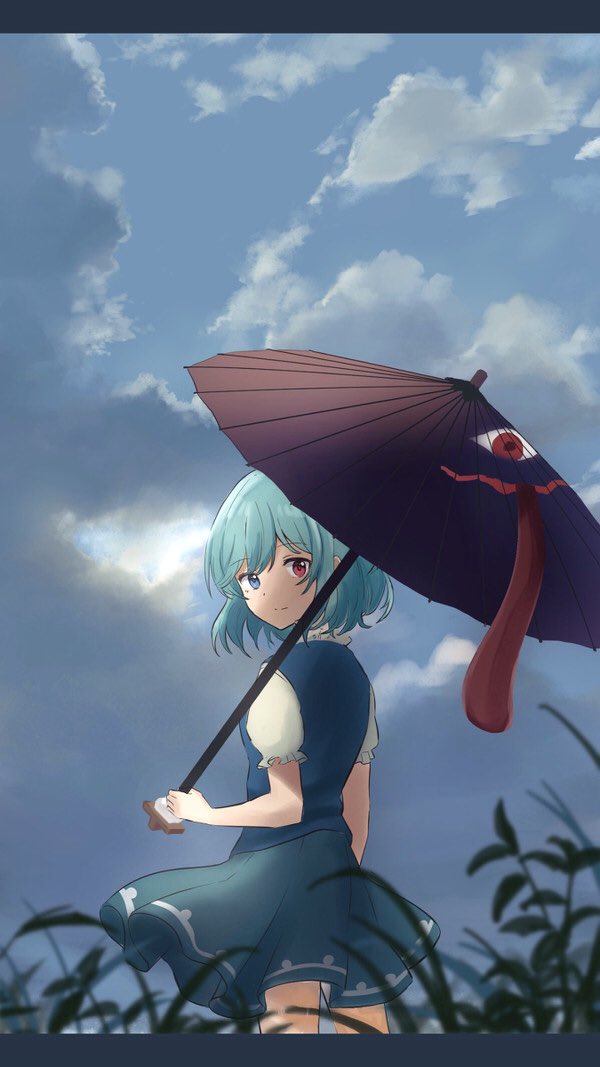 1girl blue_eyes blue_hair blue_skirt blue_sky blue_vest blurry_foreground clouds cloudy_sky commentary_request cowboy_shot day eyebrows_visible_through_hair grass heterochromia high_collar holding holding_umbrella karakasa_obake letterboxed looking_at_viewer looking_back outdoors raki_(for03ge) red_eyes shirt short_hair sketch skirt sky smile solo standing tatara_kogasa touhou umbrella vest white_shirt wind wind_lift