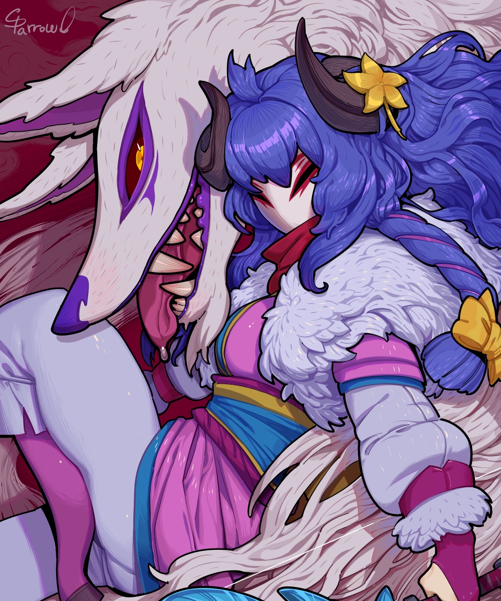 1girl alternate_costume alternate_hair_color alternate_hairstyle blue_hair curled_horns flower fur goat_legs hair_between_eyes hair_flower hair_ornament highres horns japanese_clothes kindred lamb_(league_of_legends) league_of_legends long_hair mask sparrowl spirit spirit_blossom_kindred teeth tongue tongue_out white_fur wolf wolf_(league_of_legends) yellow_eyes