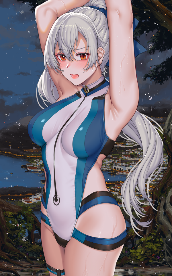 1girl armpits arms_up bangs blue_bow blue_swimsuit blush bow breasts fate/grand_order fate_(series) hair_between_eyes hair_bow hanada_yanochi highleg highleg_swimsuit large_breasts long_hair looking_at_viewer one-piece_swimsuit open_mouth ponytail red_eyes silver_hair swimsuit thighs tomoe_gozen_(fate/grand_order) tomoe_gozen_(swimsuit_saber)_(fate) two-tone_swimsuit white_swimsuit