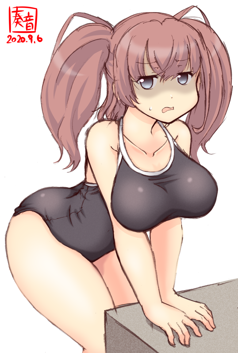 1girl alternate_costume arm_support artist_logo atlanta_(kantai_collection) blue_swimsuit breasts brown_hair collarbone competition_school_swimsuit covered_navel dated eyebrows_visible_through_hair grey_eyes hair_between_eyes highres kanon_(kurogane_knights) kantai_collection large_breasts long_hair looking_at_viewer one-piece_swimsuit open_mouth school_swimsuit shaded_face signature simple_background solo sweatdrop swimsuit two_side_up white_background