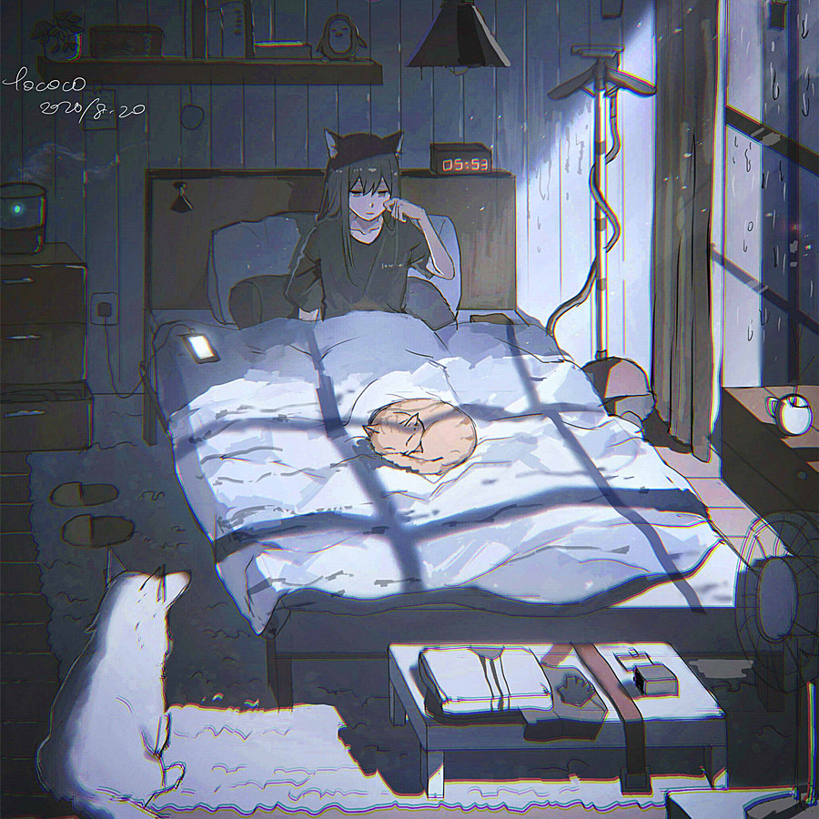 1girl alarm_clock animal animal_ears arknights bangs bed black_hair black_shirt blanket carpet cat cellphone clock cup dated dog electric_fan fan half-closed_eyes humidifier indoors lamp lococo:p long_hair night phone pillow rain reclining shelf shirt short_sleeves signature slippers smartphone texas_(arknights) under_covers vacuum_cleaner window wolf_ears