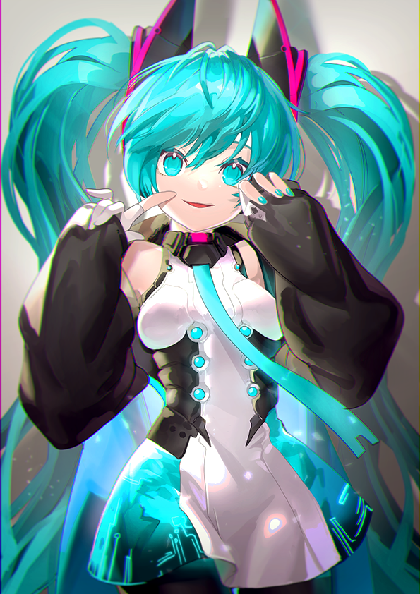 1girl aqua_eyes aqua_nails aqua_neckwear bangs black_legwear breasts cowboy_shot detached_sleeves dress finger_to_cheek finger_to_face gloves glowing hands_up hatsune_miku long_hair looking_at_viewer nail_polish necktie pantyhose partly_fingerless_gloves sawashi_(ur-sawasi) shadow short_dress sleeve_hold sleeves_past_wrists small_breasts smile solo thigh-highs twintails very_long_hair vocaloid white_gloves