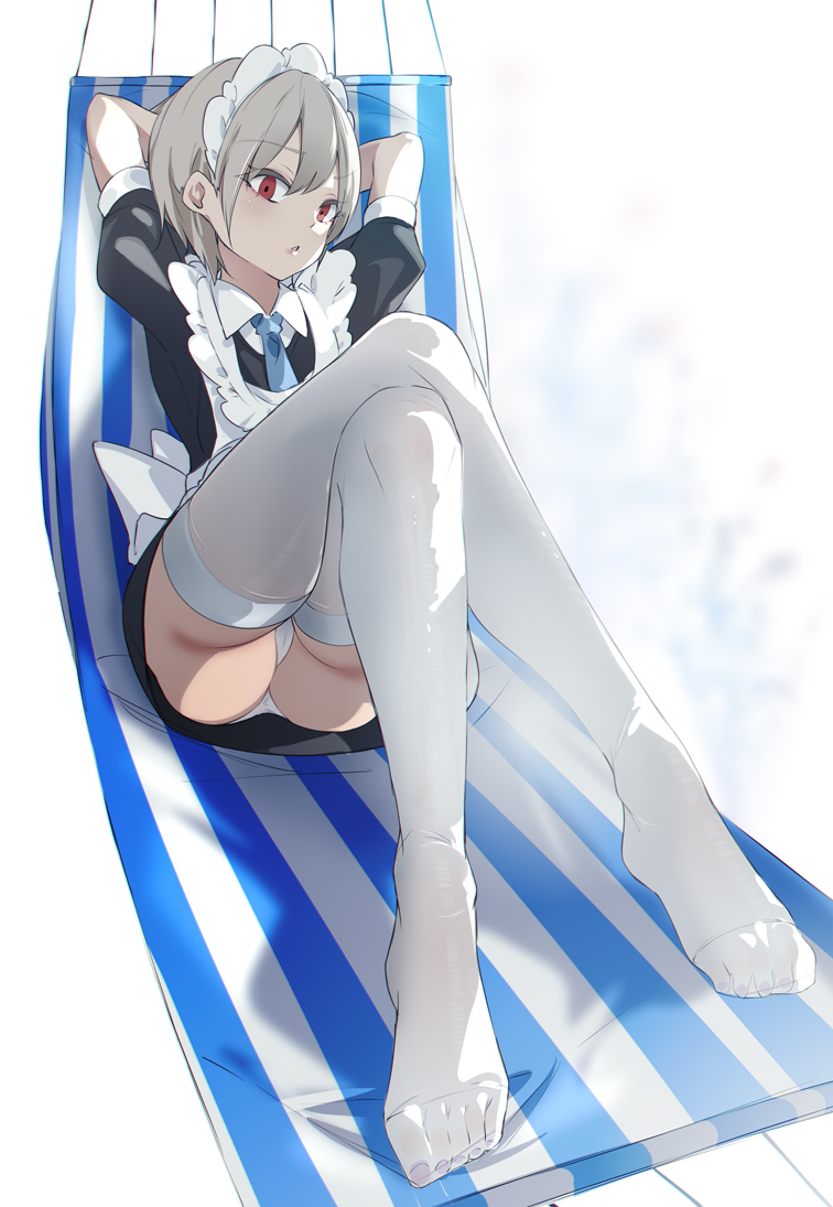 1girl apron arms_behind_head commentary crossed_legs hammock maid maid_apron maid_headdress nail_polish no_shoes original panties pantyshot puffy_short_sleeves puffy_sleeves reclining red_eyes short_hair short_sleeves silver_hair solo thigh-highs toes underwear unimon_e white_legwear white_panties