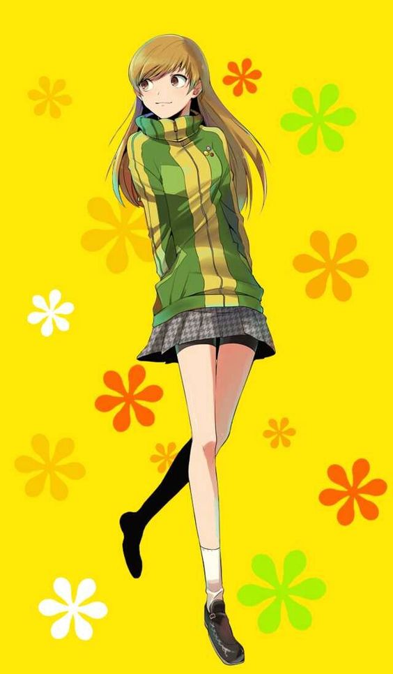 1girl alternate_hair_length alternate_hairstyle blush brown_eyes brown_hair hair_down jacket long_hair persona persona_4 satonaka_chie skirt smile solo track_jacket