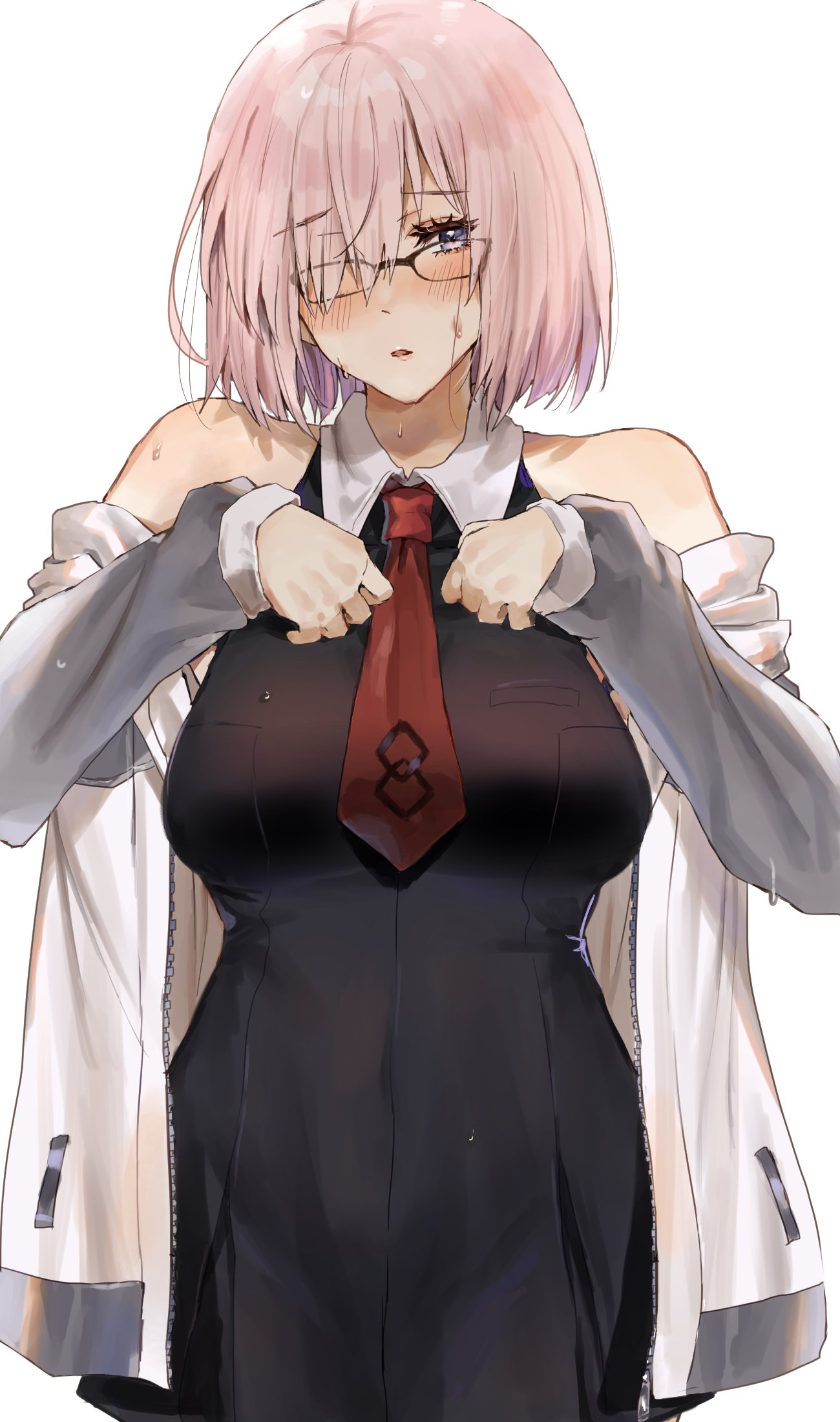 1girl amakaze black-framed_eyewear eyebrows_visible_through_hair fate/grand_order fate_(series) glasses hair_over_one_eye highres long_sleeves looking_at_viewer mash_kyrielight necktie pink_hair red_neckwear short_hair simple_background solo sweat violet_eyes white_background