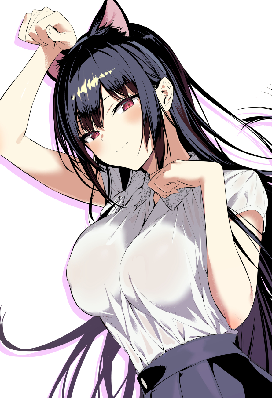 1girl animal_ears bangs breasts cat_ears closed_mouth collared_shirt haitekudasai_takamine-san highres hiiragi_yuuichi large_breasts long_hair looking_at_viewer paw_pose pleated_skirt red_eyes shirt shirt_tucked_in simple_background skirt smile solo takamine_takane very_long_hair white_shirt