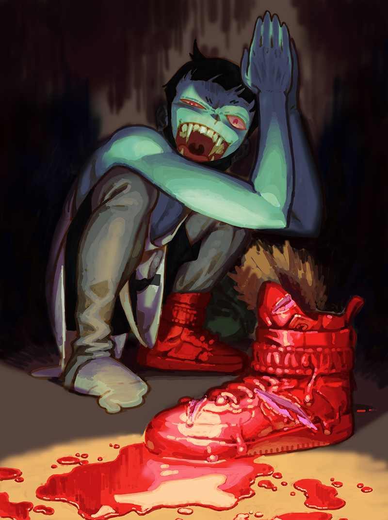 1boy aqua_skin bare_shoulders black_hair blood cerebrawl electric_niw fangs hands_together long_fangs male_focus open_mouth pink_sclera puddle red_eyes red_footwear reflection shoes sneakers socks solo squatting tongue uvula v-draken vampire white_legwear