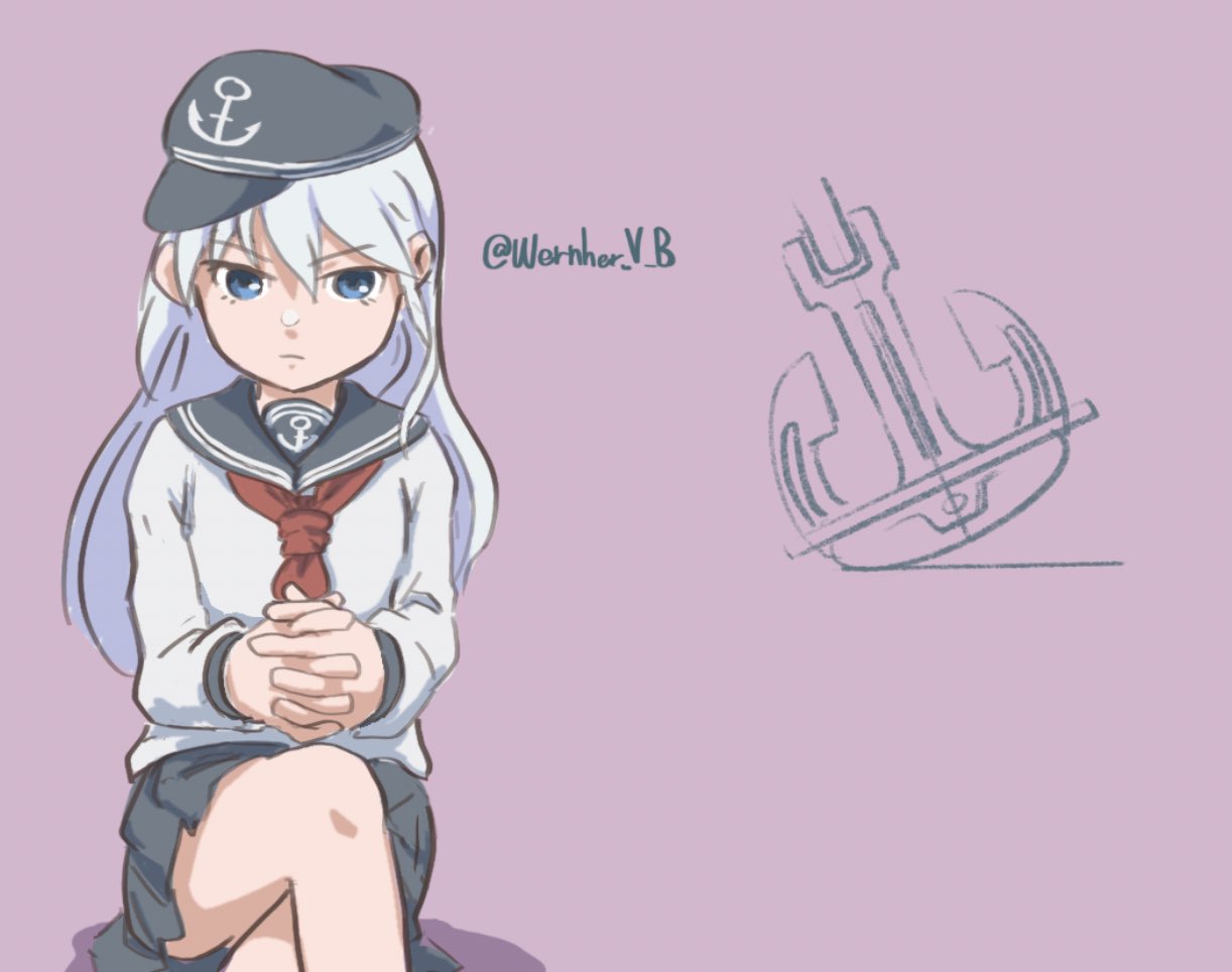 1girl anchor anchor_symbol black_headwear black_sailor_collar black_skirt blue_eyes commentary_request cowboy_shot crossed_legs flat_cap hands_clasped hat hibiki_(kantai_collection) kantai_collection long_hair looking_at_viewer neckerchief own_hands_together pleated_skirt purple_background red_neckwear sailor_collar school_uniform serafuku silver_hair skirt solo twitter_username warutairu