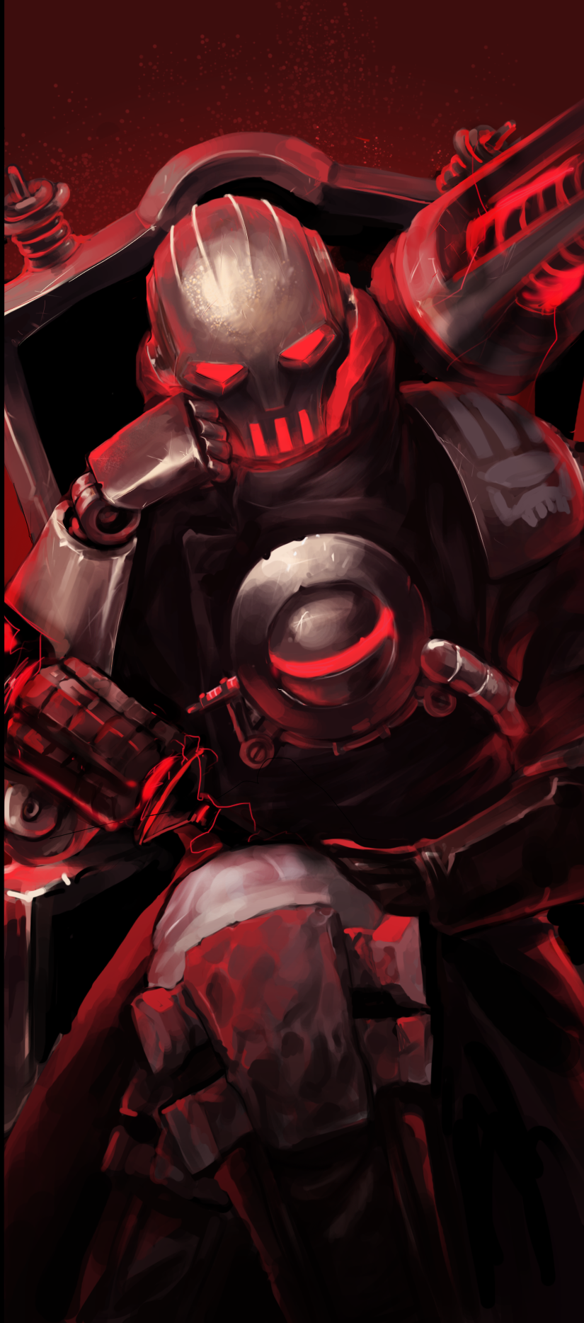 1boy armor black_gloves brown_coat chair coat commentary crossed_legs gloves glowing glowing_eyes goblina helmet highres holding holding_weapon league_of_legends looking_at_viewer male_focus power_armor red_theme sitting solo viktor_(league_of_legends) weapon