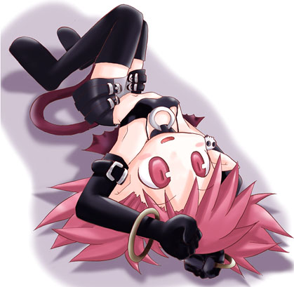 1girl arms_up belt black_gloves black_legwear bracelet clenched_hand disgaea elbow_gloves etna from_behind full_body gloves jewelry looking_at_viewer looking_back lowres lying makai_senki_disgaea midriff navel on_back osaragi_mitama red_eyes redhead revision short_hair shorts simple_background solo stomach tail thigh-highs white_background wings