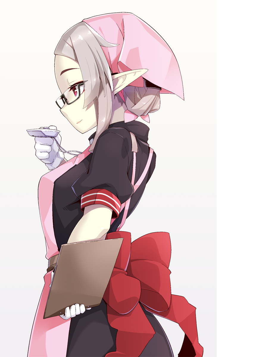 1girl apron back_bow beige_background black-framed_eyewear black_shirt black_skirt bow closed_mouth commentary_request from_side glasses gloves grey_hair hair_bun hand_up head_scarf highres holding looking_away ogami_kazuki original pale_skin pink_apron pointy_ears profile puffy_short_sleeves puffy_sleeves red_bow red_eyes semi-rimless_eyewear shirt short_sleeves sidelocks simple_background skirt smile solo under-rim_eyewear white_gloves