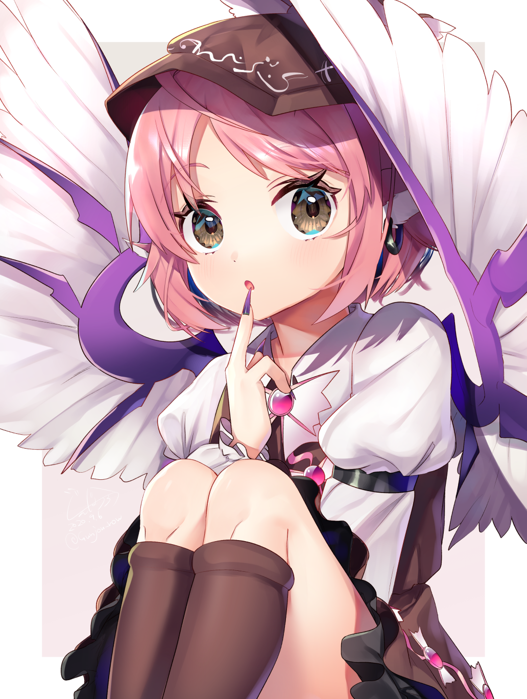 1girl :o armband bangs bird_wings brooch brown_eyes brown_headwear brown_legwear brown_skirt brown_vest commentary_request dated earrings eyebrows_visible_through_hair feathered_wings feet_out_of_frame finger_to_mouth fingernails gunjou_row hat highres hoop_earrings jewelry juliet_sleeves kneehighs knees_to_chest long_sleeves looking_at_viewer mystia_lorelei nail_polish pink_hair puffy_sleeves purple_background sharp_fingernails shirt short_hair signature simple_background sitting skirt solo swept_bangs touhou twitter_username vest white_shirt wings