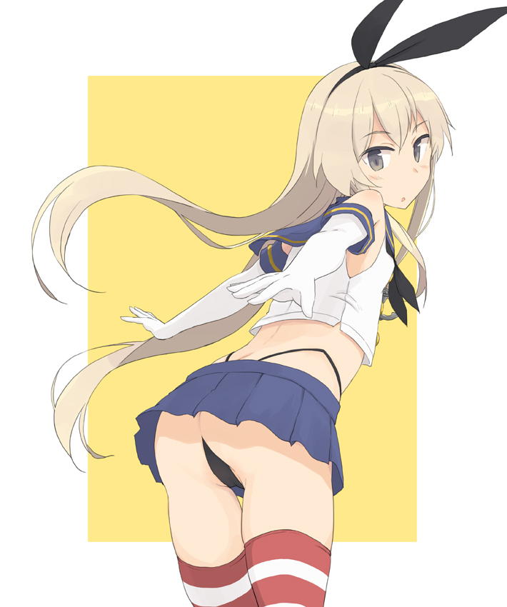 1girl ass black_neckwear black_panties blonde_hair blue_sailor_collar blue_skirt blush cowboy_shot crop_top elbow_gloves eyebrows_visible_through_hair gloves grey_eyes hair_between_eyes highleg highleg_panties kantai_collection kugui_kiyunemu long_hair miniskirt neckerchief panties parted_lips pleated_skirt sailor_collar school_uniform serafuku shimakaze_(kantai_collection) skirt sleeveless solo striped striped_legwear thigh-highs underwear white_gloves