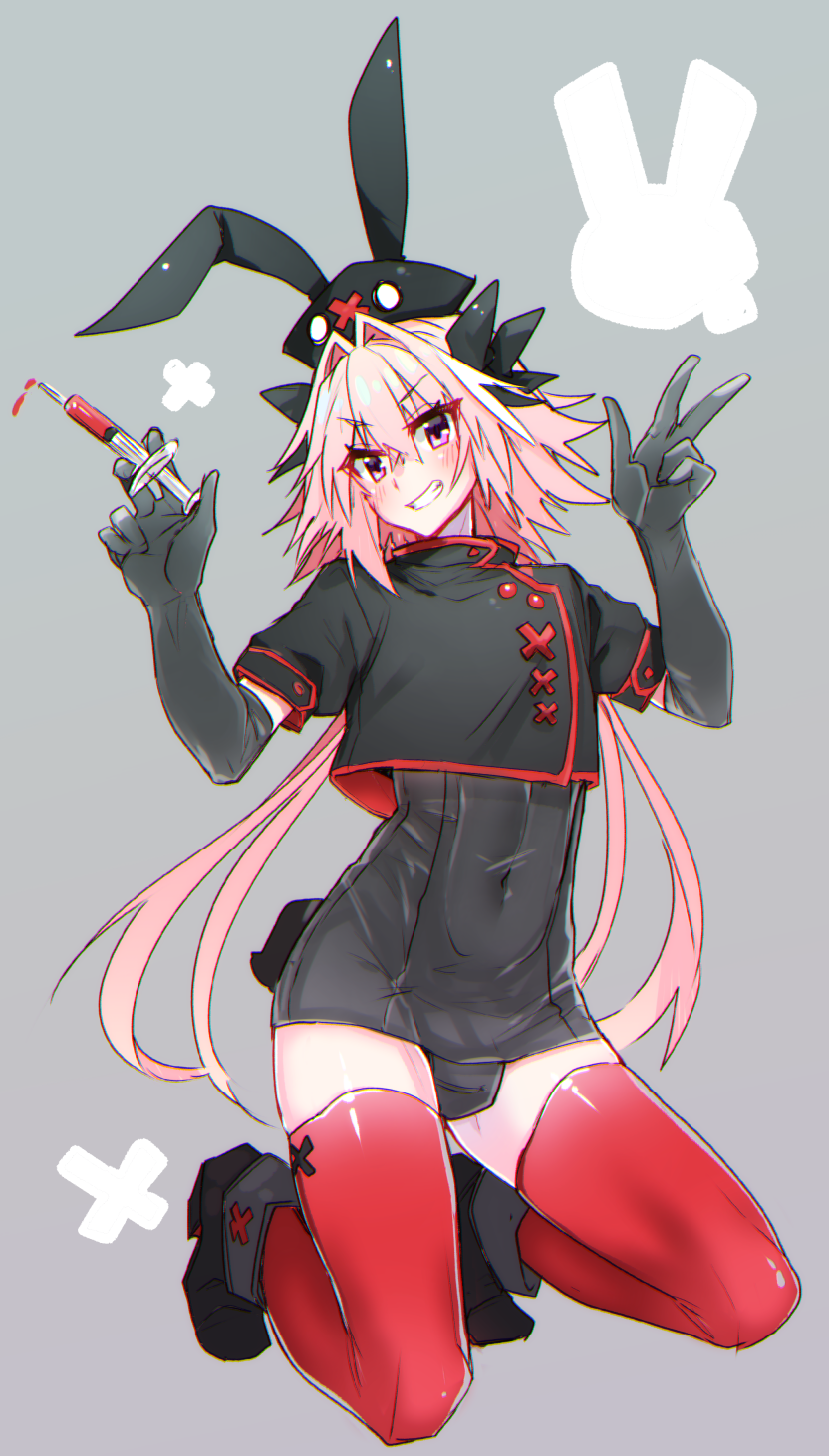 1boy animal_ears astolfo_(fate) astolfo_(saber)_(fate) blush boots bunny_tail bunnysuit commentary_request covered_navel crop_top elbow_gloves eyebrows_visible_through_hair eyes_visible_through_hair fate/grand_order fate_(series) gloves grey_background hair_between_eyes haoro hat high_heel_boots high_heels highlights highres looking_at_viewer multicolored_hair nurse nurse_cap one-piece_swimsuit otoko_no_ko pink_hair rabbit_ears short_sleeves simple_background smile solo swimsuit syringe tail teeth thigh-highs two-tone_hair v violet_eyes white_hair