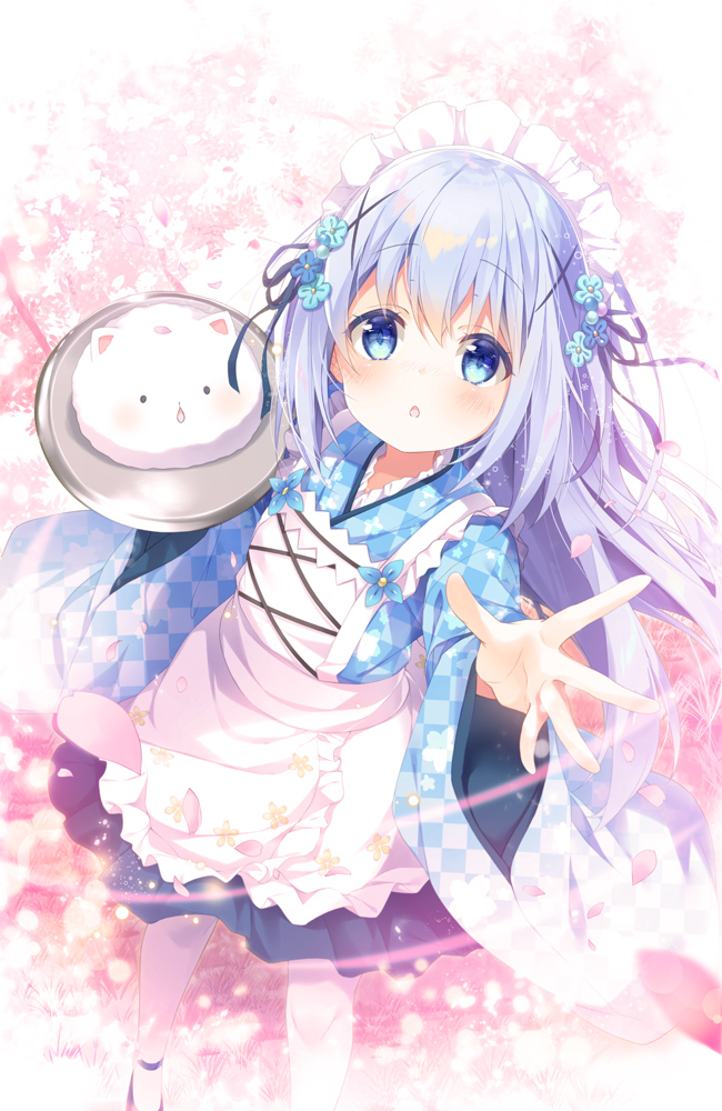 1girl ama_usa_an_uniform apron arm_up bangs black_ribbon blue_eyes blue_flower blue_hair blue_kimono blue_skirt blush checkered checkered_kimono eyebrows_visible_through_hair floating_hair flower from_above gochuumon_wa_usagi_desu_ka? hair_between_eyes hair_flower hair_ornament hair_ribbon holding holding_plate japanese_clothes kafuu_chino kimono long_hair long_sleeves looking_at_viewer looking_up miniskirt mocha_(naturefour) open_mouth outstretched_hand pantyhose plate pleated_skirt ribbon shiny shiny_hair skirt solo standing tippy_(gochiusa) very_long_hair white_apron white_legwear wide_sleeves x_hair_ornament