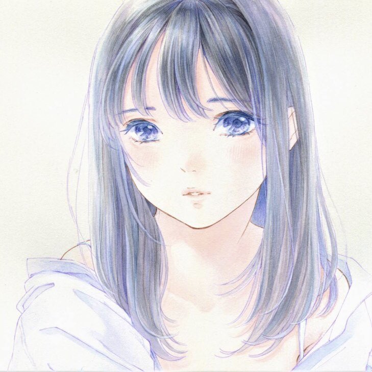 1girl bangs black_hair blue_eyes blue_hair blush collarbone colorized copyright_request eyelashes long_hair looking_at_viewer multicolored_hair off_shoulder oiraku parted_lips portrait simple_background solo streaked_hair traditional_media