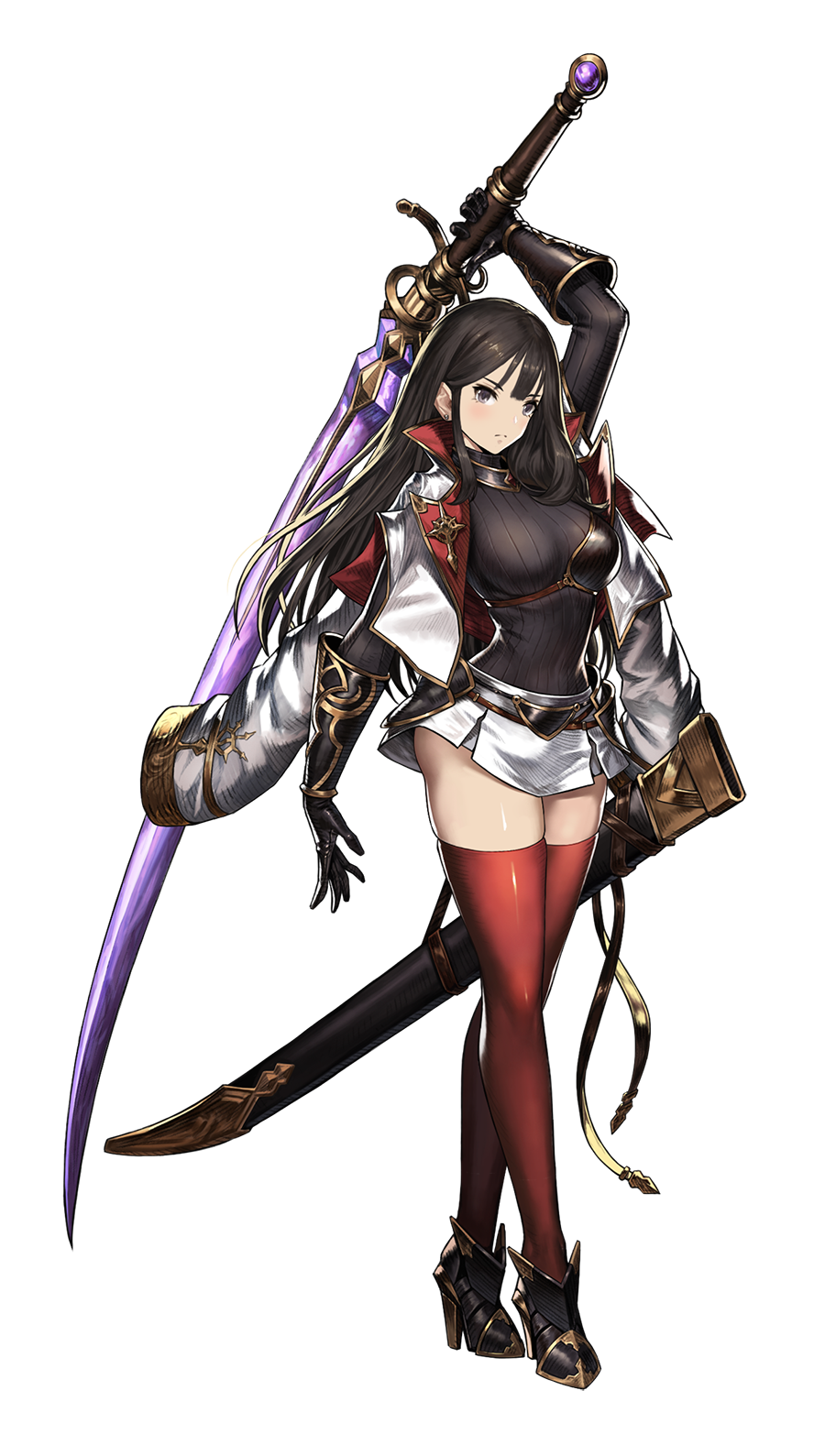 1girl arm_up armored_shoes black_hair breastplate breasts brown_dust earrings gauntlets grey_eyes hair_between_eyes highres holding holding_sword holding_weapon huge_weapon jacket jacket_on_shoulders jewelry katana large_breasts long_hair miniskirt official_art ootachi red_legwear ribbed_shirt serious sheath shirt skindentation skirt sword thigh-highs ventana_(brown_dust) weapon wide_sleeves
