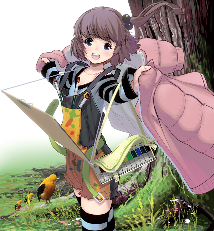 1girl belt bird commentary_request grass jacket looking_at_viewer masao open_mouth original paintbrush short_hair shorts smile solo standing striped striped_legwear thigh-highs tree
