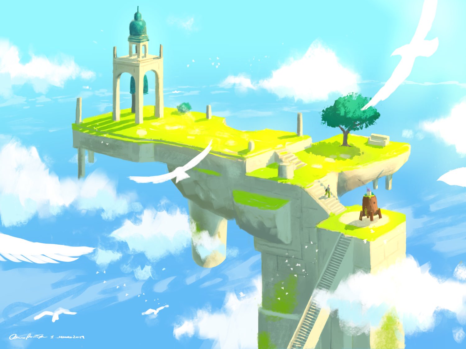 bell bird clouds floating_island katou_oswaldo original rocket_ship scenery sky space_craft tower tree walking