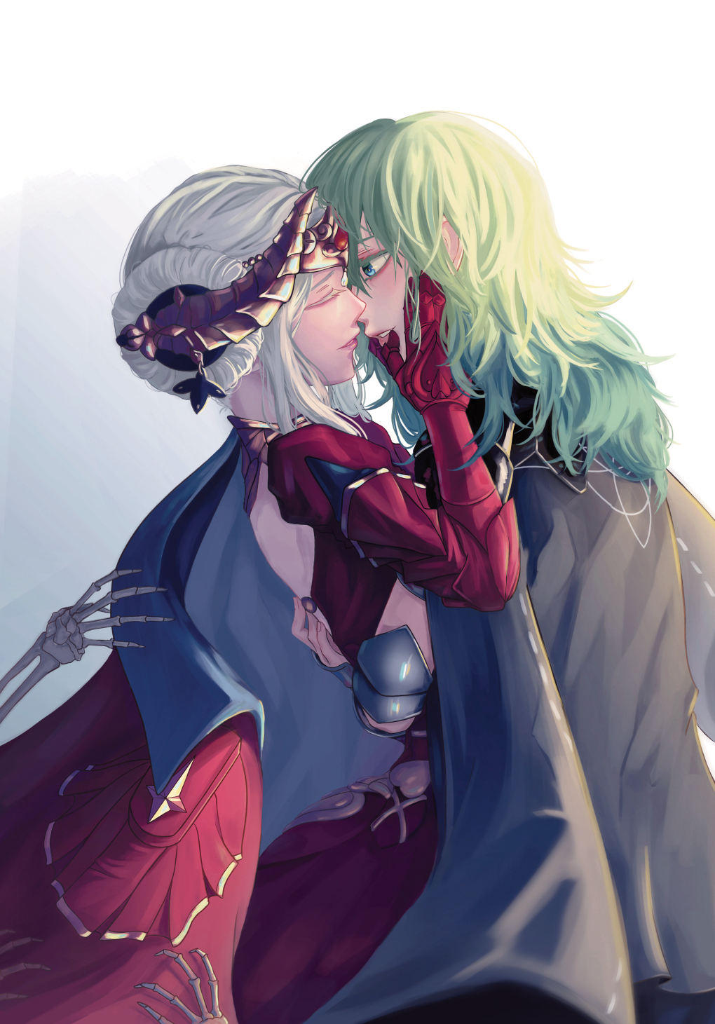 armor armored_dress byleth_(fire_emblem) byleth_eisner_(female) cape closed_eyes earrings edelgard_von_hresvelg english_commentary fire_emblem fire_emblem:_three_houses green_hair hand_on_another's_back hand_on_another's_cheek hand_on_another's_face highres horn_ornament horns jewelry kiss skeletal_arm vduck white_hair yuri