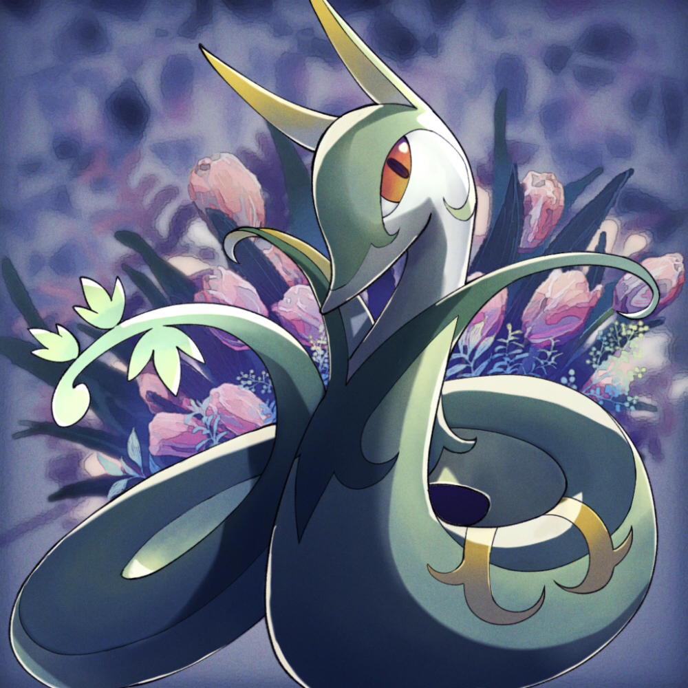 black_eyes commentary_request flower gen_5_pokemon leaf looking_at_viewer no_humans orange_sclera pink_flower pokemon pokemon_(creature) serperior snake yukichi_(tsuknak1)