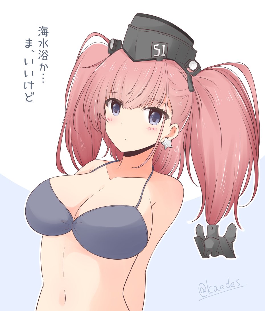 1girl anchor_hair_ornament atlanta_(kantai_collection) black_headwear bra breasts brown_hair commentary_request earrings garrison_cap grey_eyes hair_ornament hat icesherbet jewelry kantai_collection large_breasts long_hair looking_at_viewer purple_bra solo star_(symbol) star_earrings translation_request two_side_up underwear upper_body