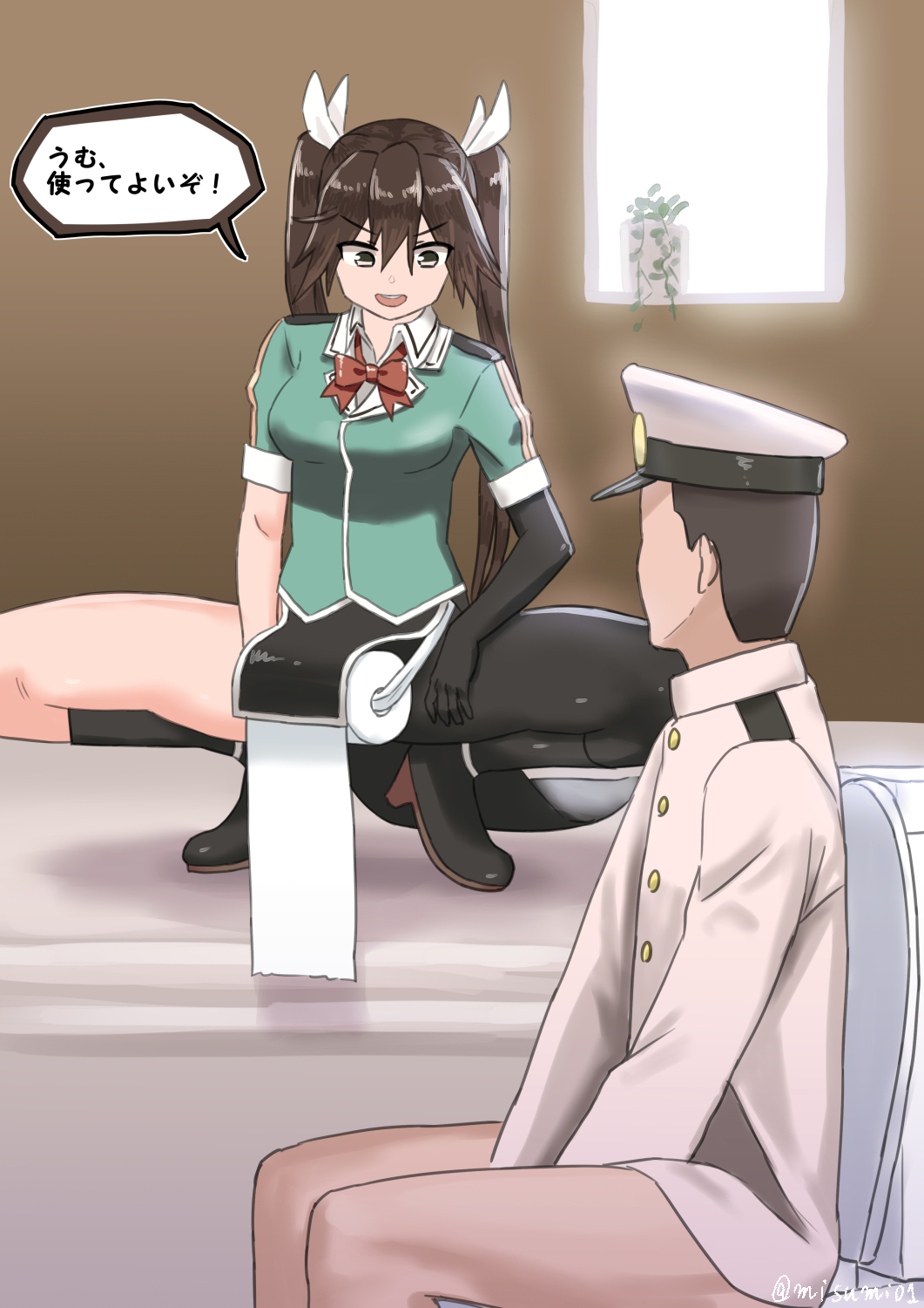 1boy 1girl asymmetrical_legwear bangs black_footwear black_gloves black_legwear boots breasts commentary_request elbow_gloves eyebrows_visible_through_hair gloves hair_ribbon highres indoors kantai_collection kneehighs long_hair medium_breasts misumi_(niku-kyu) pelvic_curtain plant potted_plant remodel_(kantai_collection) ribbon single_elbow_glove single_glove single_kneehigh single_thighhigh sitting spread_legs squatting thigh-highs toilet toilet_paper tone_(kantai_collection) translation_request twintails