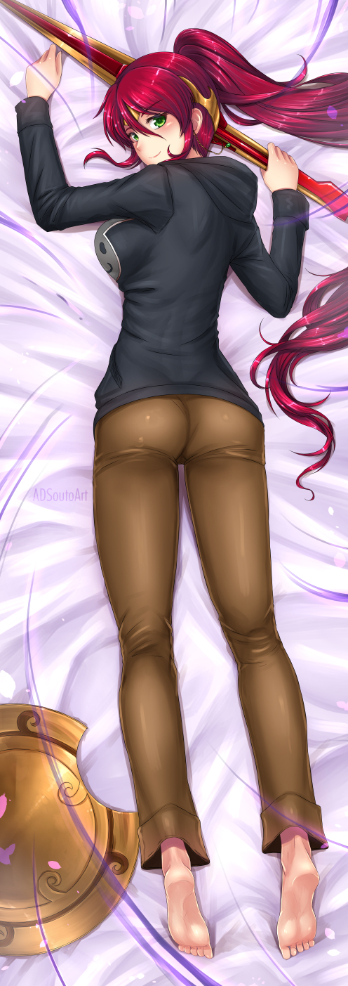 1girl adsouto barefoot bed_sheet breasts brown_pants cherry_blossoms dakimakura eyebrows_visible_through_hair from_above full_body green_eyes hair_between_eyes highres holding holding_weapon hood hood_down hoodie large_breasts long_hair looking_at_viewer looking_back lying on_stomach pants pyrrha_nikos redhead rwby shield shiny shiny_clothes shiny_hair solo very_long_hair weapon