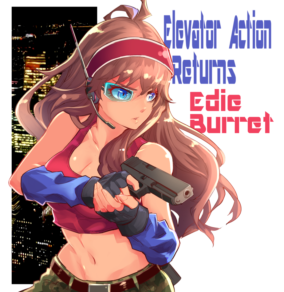 1girl black_gloves blue_eyes brown_hair building character_name copyright_name cowboy_shot edie_burret elevator_action eyepiece fingerless_gloves gloves gun h-y-d hairband headpiece holding holding_gun holding_weapon long_hair looking_away navel red_hairband red_tank_top serious shiny shiny_hair shiny_skin solo tank_top weapon