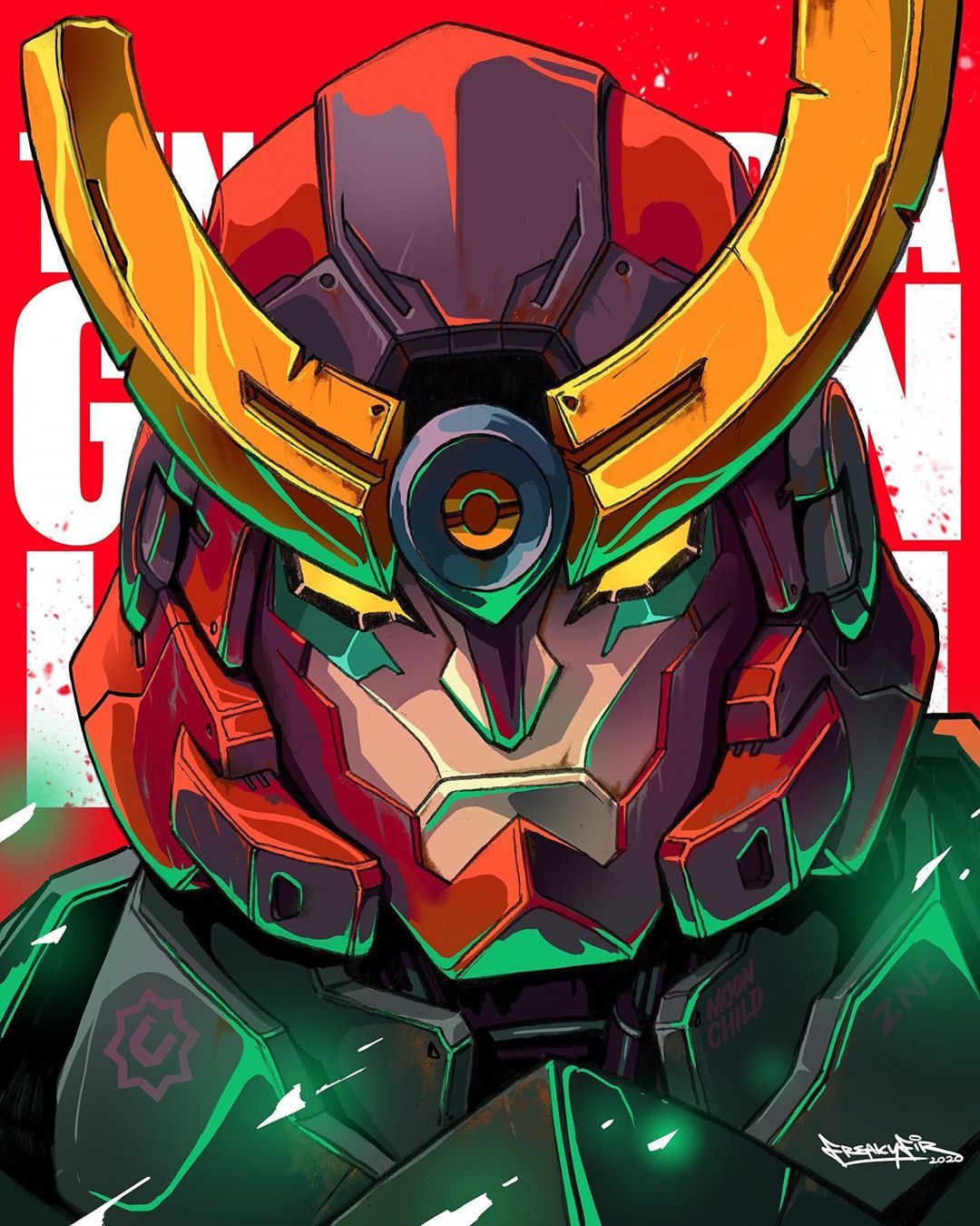 copyright_name english_commentary gurren-lagann highres looking_at_viewer mecha muhammad_firdaus no_humans portrait red_background scowl signature solo tengen_toppa_gurren_lagann yellow_eyes