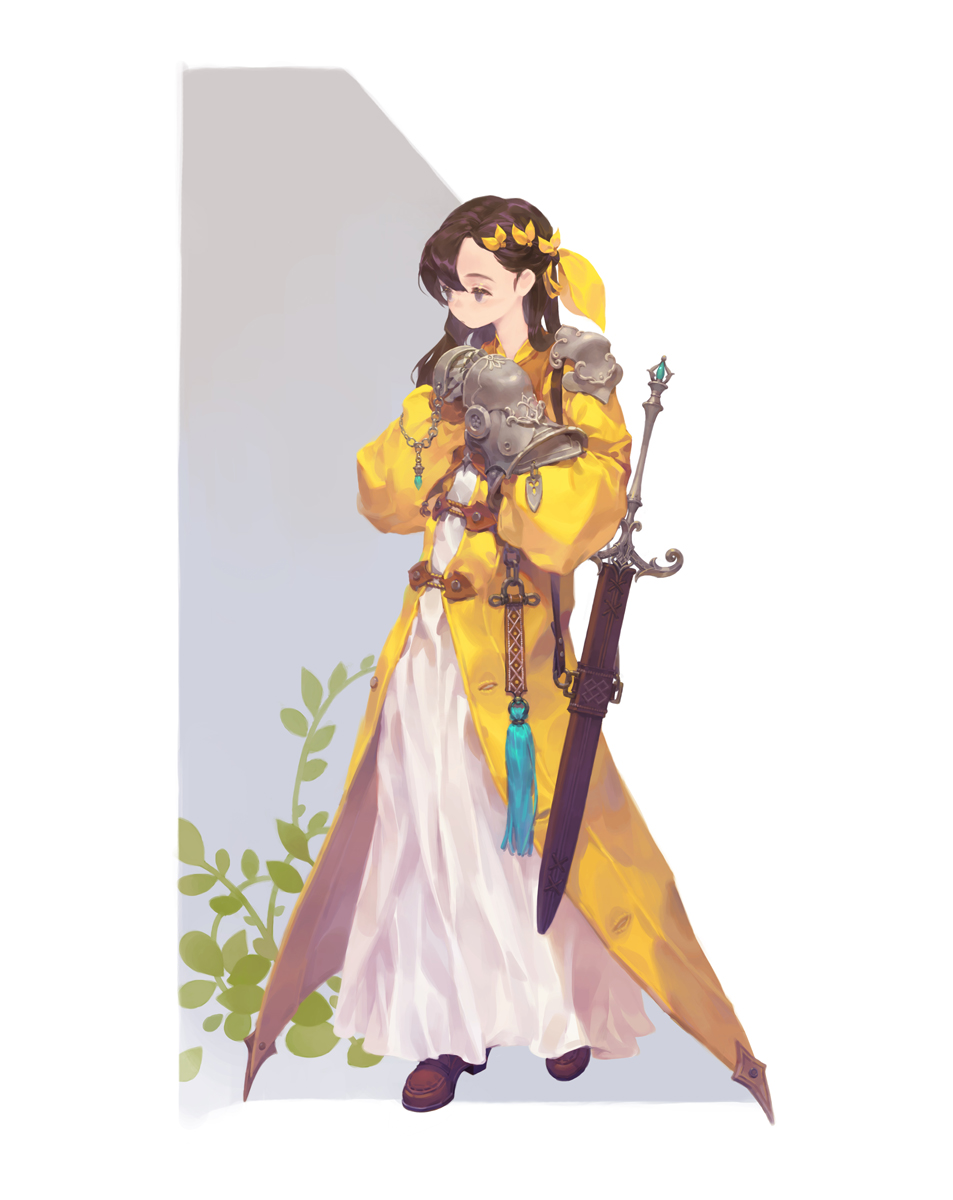 1girl armor belt bow brown_eyes brown_footwear brown_hair closed_mouth coat dress full_body gauntlets gem hair_between_eyes hair_bow hands_together highres long_hair original pauldrons plant scabbard sheath sheathed shoulder_armor single_pauldron solo sword weapon white_dress yellow_bow yellow_coat yellow_theme yuho_kim