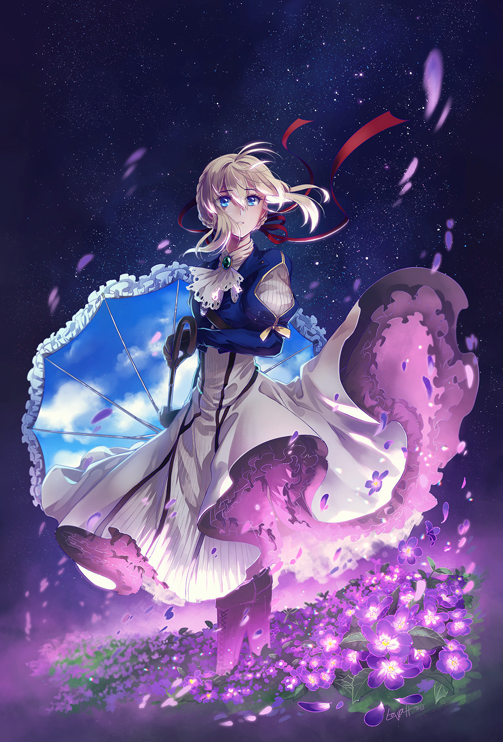 1girl blonde_hair blue_eyes boots braid clouds day dress flower french_braid gloves glowing glowing_flower hair_between_eyes hair_bun highres long_sleeves looking_at_viewer lowah night night_sky outdoors sky solo standing star_(sky) starry_sky umbrella violet_evergarden violet_evergarden_(character) yellow_eyes