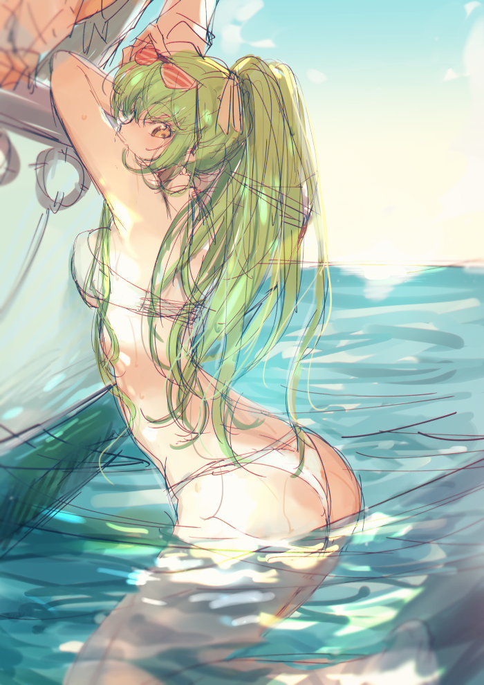 1girl armpits arms_up ass bangs bikini boat breasts breasts_apart c.c. code_geass creayus day eyebrows_visible_through_hair from_side green_hair hair_ribbon long_hair looking_at_viewer looking_to_the_side medium_breasts ocean outdoors partially_submerged pink_ribbon ribbon sideways_glance sketch solo swimsuit very_long_hair water watercraft white_bikini yellow_eyes