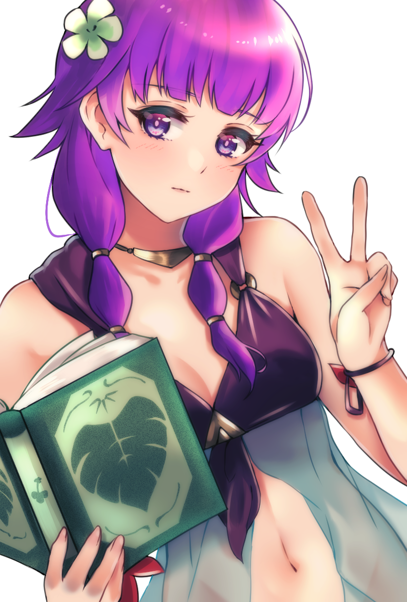 1girl bikini book closed_mouth fire_emblem fire_emblem:_the_sacred_stones fire_emblem_heroes flower hair_flower hair_ornament highres holding holding_book lute_(fire_emblem) open_book purple_hair satuki_(jo4pr8) simple_background solo swimsuit upper_body v violet_eyes white_background