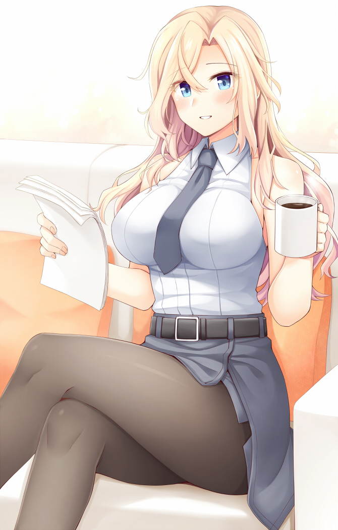 1girl belt belt_buckle black_belt black_legwear black_skirt blonde_hair blue_eyes blush breasts buckle buttons coffee collared_shirt commentary cup eyebrows_visible_through_hair grey_neckwear holding holding_cup holding_paper hornet_(kantai_collection) kantai_collection large_breasts long_hair necktie pantyhose paper pencil_skirt revision rui_shi_(rayze_ray) shirt sitting skirt sleeveless sleeveless_shirt smile solo white_shirt