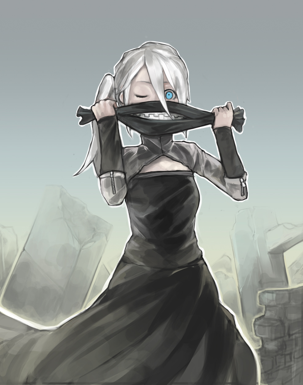 1girl black_dress blue_eyes brick brick_wall cleavage_cutout crack dress goblina hair_between_eyes highres holding holding_mask mask mouth_mask one_eye_closed original outdoors outline ruins side_ponytail solo turtleneck white_hair white_outline zipper zipper_pull_tab
