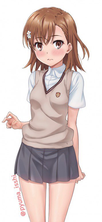 1girl brown_eyes brown_hair cowboy_shot dress dress_lift grey_skirt hair_ornament hairpin isshi_pyuma looking_at_viewer misaka_mikoto pleated_skirt school_uniform shirt short_hair simple_background skirt solo sweater_vest to_aru_kagaku_no_railgun to_aru_majutsu_no_index tokiwadai_school_uniform twitter_username white_background white_shirt