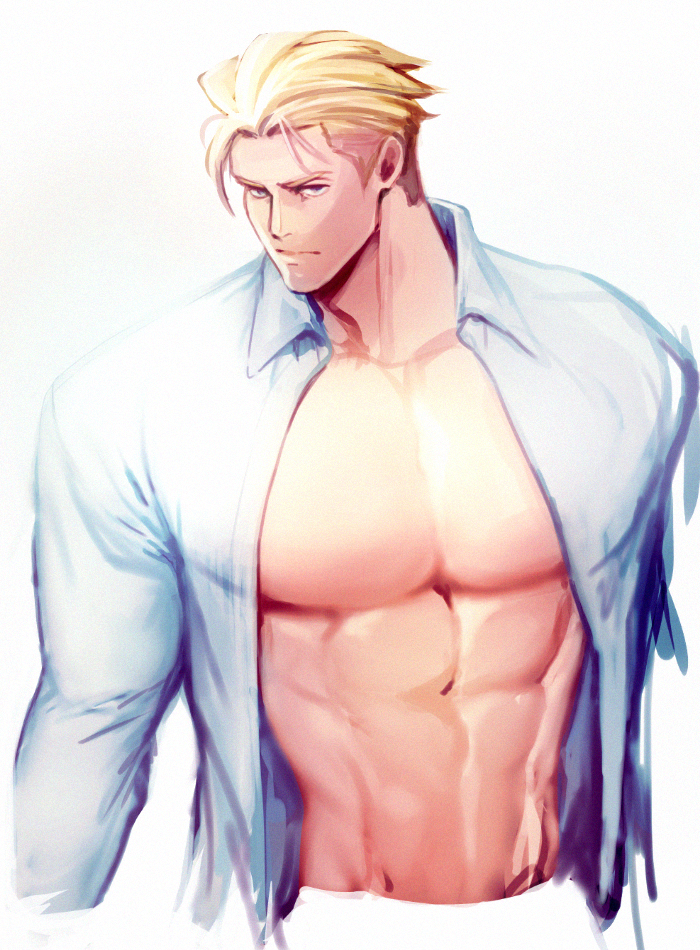 1boy abs bara blonde_hair chest cropped_torso d-red kray_foresight long_sleeves looking_at_viewer male_focus muscle pectorals promare shirt short_hair solo upper_body white_background