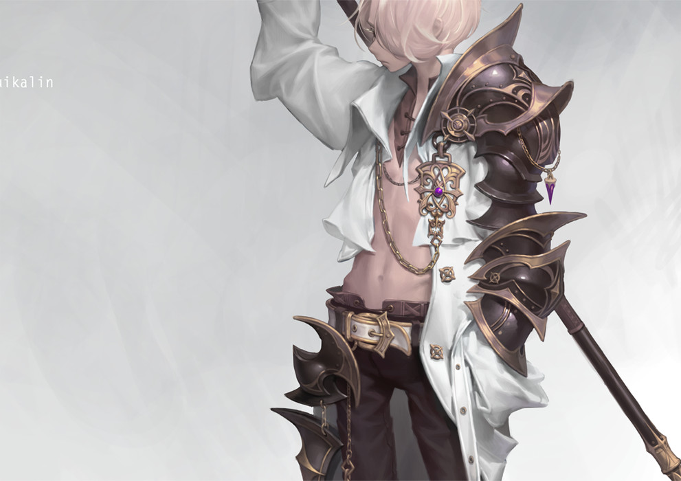 1boy arm_up armor bare_chest belt blonde_hair chain coat cropped fingerless_gloves gloves hand_in_pocket holding holding_polearm holding_weapon jewelry male_focus navel necklace original over_shoulder pants pauldrons polearm shoulder_armor single_pauldron solo standing vambraces weapon weapon_over_shoulder white_belt white_coat white_footwear yuho_kim