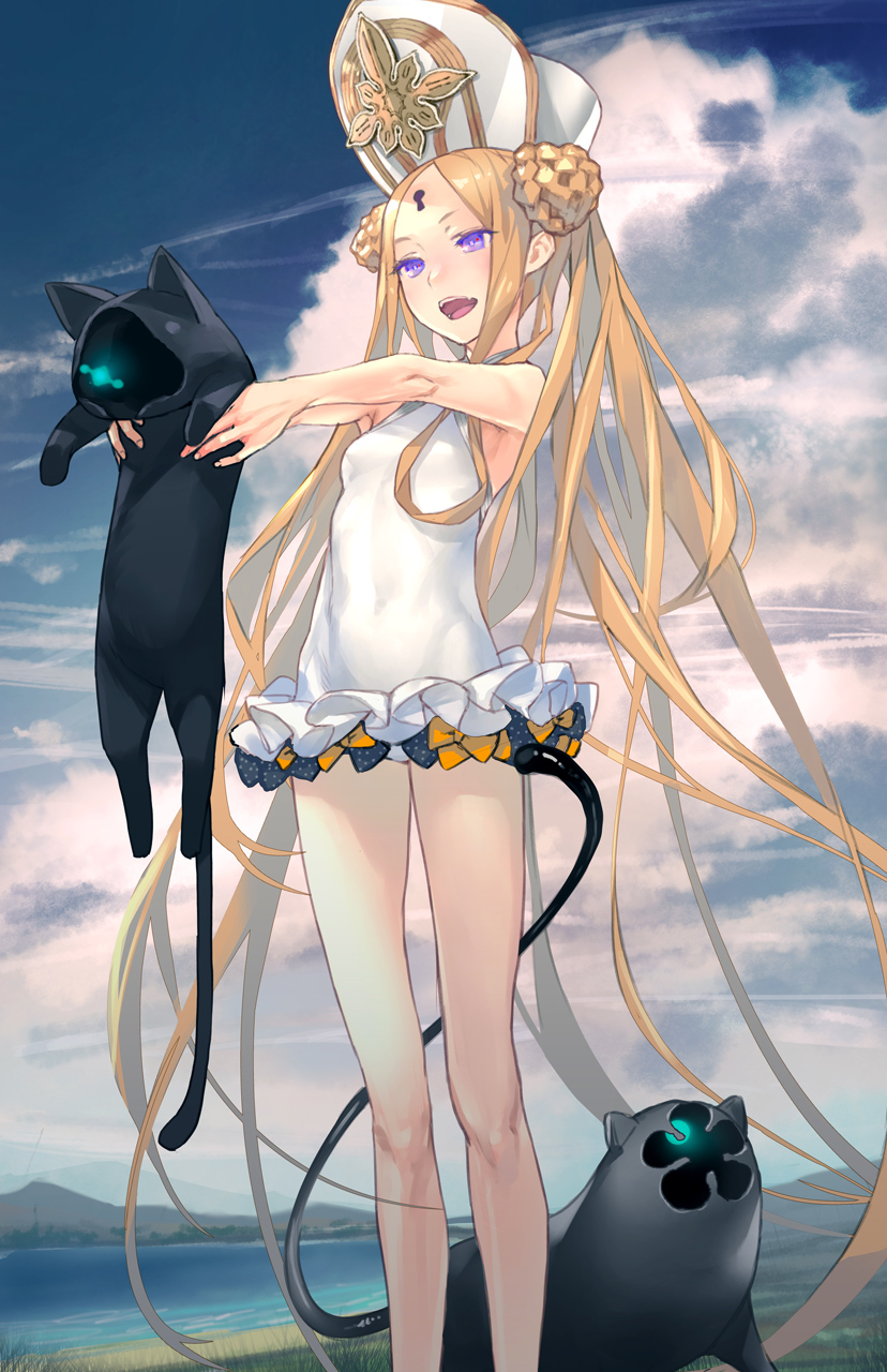 1girl :d abigail_williams_(fate/grand_order) abigail_williams_(swimsuit_foreigner)_(fate) bangs bare_shoulders blonde_hair breasts cat clouds commentary double_bun fang fate/grand_order fate_(series) frills hat highres keyhole long_hair mountain one-piece_swimsuit open_mouth outdoors parted_bangs redjuice smile solo swimsuit teeth very_long_hair violet_eyes white_swimsuit