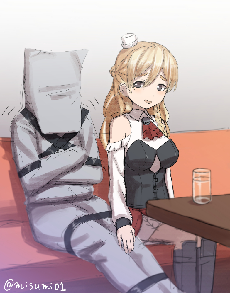 2girls bag_over_head bangs blonde_hair bound braid breasts commentary_request cup gradient gradient_background kantai_collection long_hair long_sleeves misumi_(niku-kyu) multiple_girls open_mouth pola_(kantai_collection) side_braid simple_background sitting skirt table the_silence_of_the_lambs twitter_username zara_(kantai_collection)