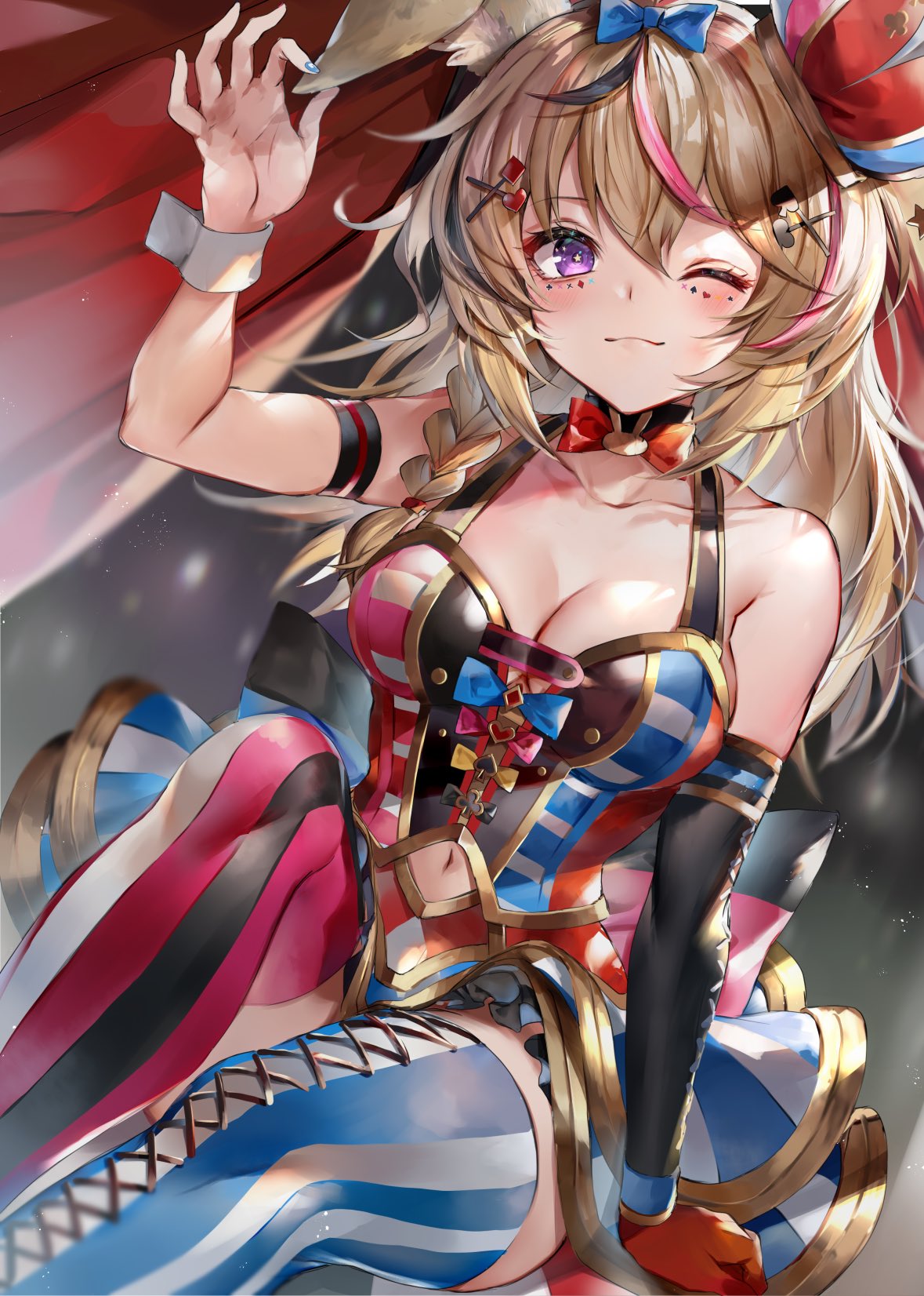 1girl ;) animal_ears arm_support bangs bare_shoulders blonde_hair blush bow braid breasts elbow_gloves eyebrows_visible_through_hair fennec_fox fox_ears fox_girl gloves hair_between_eyes hair_ornament hat heart highres hinahino holding_ears hololive jester_cap long_hair looking_at_viewer multicolored_hair navel navel_cutout omaru_polka one_eye_closed pink_hair playing_card_theme single_elbow_glove sitting smile striped striped_legwear thigh-highs violet_eyes virtual_youtuber