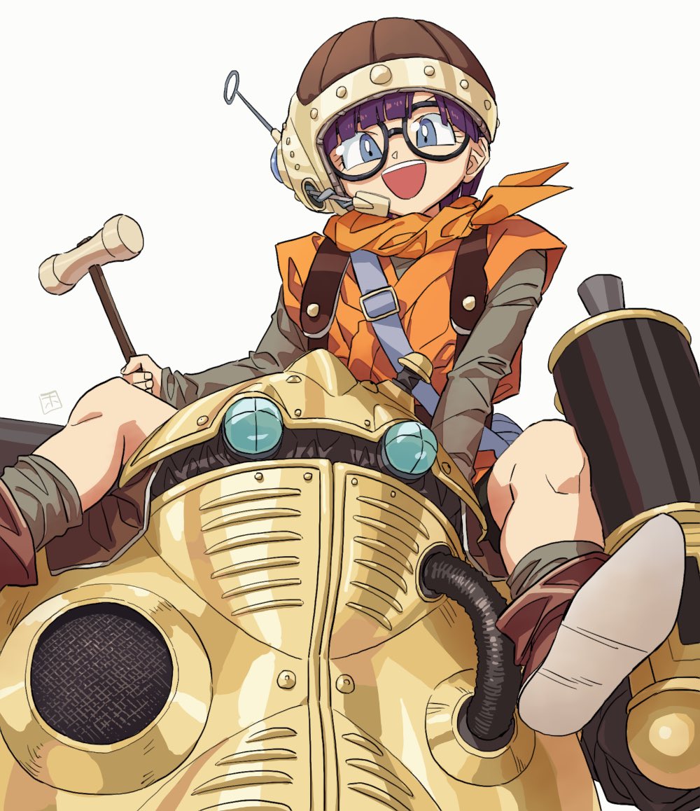 1girl artist_name bangs bike_shorts black_shorts blunt_bangs boots brown_footwear brown_headwear carrying chrono_trigger commentary grey_eyes grey_leotard headset helmet holding holding_mallet hosodayo leotard long_sleeves looking_at_viewer lucca_ashtear mallet open_mouth orange_tunic purple_hair robo_(chrono_trigger) robot short_hair shorts shoulder_carry signature simple_background smile socks standing white_background